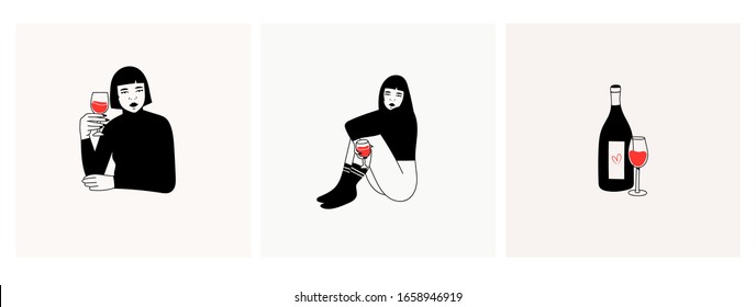 Cute ladies with red wine glasses. Wine bottle. Wine lovers concept. Poster ideas, shirt print design or menu decoration. Set of three Hand drawn trendy Vector isolated illustrations.