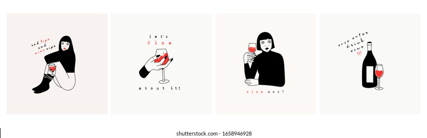 Cute ladies with red wine glasses. Wine bottle, wineglass. Wine lovers concept. Poster ideas, shirt print design or menu decoration. Set of four Hand drawn trendy Vector isolated illustrations.