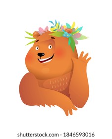 Cute lady bear waving hello wearing flowers crown on the head. Kids cheerful animal character illustration, vector cartoon in watercolor style.