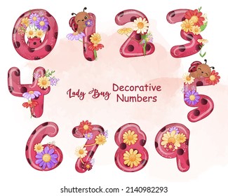 Cute Lady Bug and Flowers Decorative Numbers