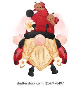 Cute Lady Bug Gnome In Watercolor Illustration