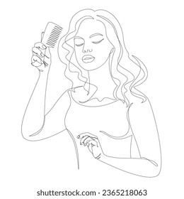 Una dama linda peinando su pelo con un peine. Silhouette de una chica con un estilo moderno de una sola línea. Dibujo continuo de líneas, contorno para la decoración, afiches, arte mural, pegatinas, logotipo. Ilustración vectorial.