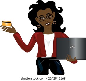 cute lady with a credit card. Shopping Time.Happy Lady holding in her hand a credit card and laptop.She knows what she wants. New features are waiting for you
