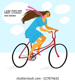 Cute lady cyclist on a city bicycle. Editable vector illustration 