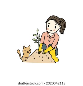 cute lady growing plant with pet, hand drawn style vector