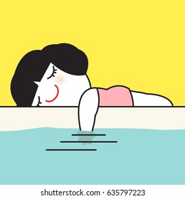 Cute Lady Lay On The Edge Of Swimming Pool And Dunking Her Hand In Water In Summer Concept Card Character illustration