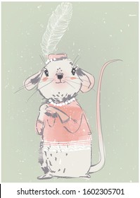 cute lady mouse girl with feather