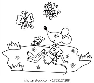 Cute lady mouse is sitting on the grass and holding a butterfly. Black and white vector for coloring, for card or gift. 