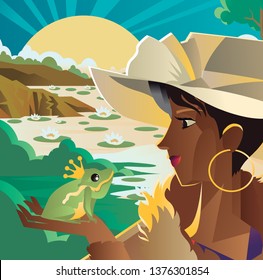 cute lady princess with a frog in the lake