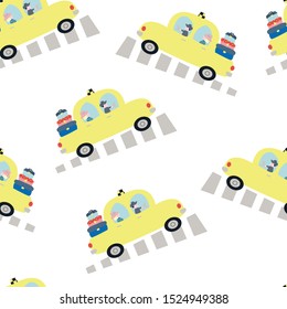 Cute Lady is set off for vacation in the taxi cab on the road in kids style art. Seamless pattern. Endless texture