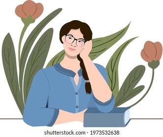 A cute lady is sitting with a book and there are flowers in the background. glasses, leaf 