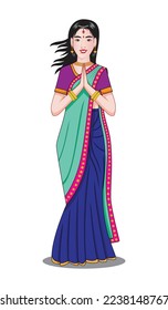 Cute lady or teen costume in India traditional dress called Saree action as pay respect drawing in cartoon vector