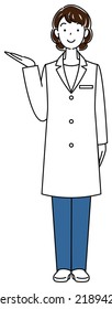 Cute lady in white pointing. Full body illustration. Vector.