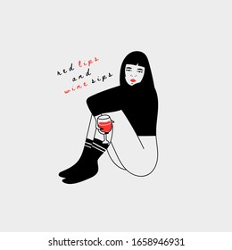 Cute lady without pants holding big glass wih Red wine. Red lips and wine sips. Wine lovers concept. Poster idea, shirt print design or menu decoration. Hand drawn trendy Vector illustration. 
