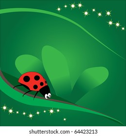 cute ladybird above the green leaf with green background