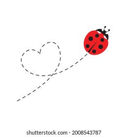 Cute ladybird con una ruta de línea de puntos. Mariquita de caricatura volando en forma de corazón. Ilustración del vector aislada en blanco	