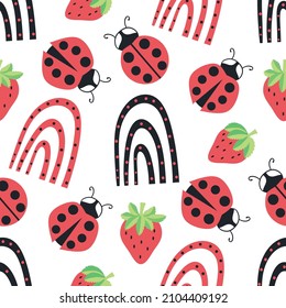 Cute ladybird, dotted rainbow, strawberry seamless vector pattern background.Ladybugs with strawberries and rainbows on white backdrop. Fun gender neutral design for kids. Happy repeat for summer.