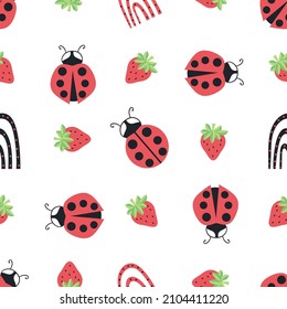 Cute ladybird, dotted rainbow, strawberry seamless vector pattern background.Ladybugs with strawberries and rainbows on white backdrop. Fun gender neutral design for kids. Happy repeat for summer.