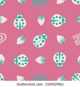 Cute ladybird, dotted rainbow, strawberry seamless vector pattern background. Teal cream whiteLadybugs with strawberries and rainbows on pink backdrop. Fun design for kids. Happy repeat for summer.