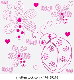cute ladybird with hearts and flowers vector illustration