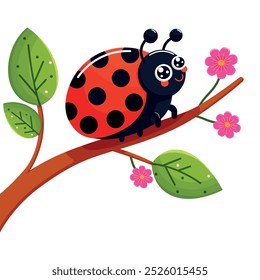 Cute ladybird on branch tree flat vector illustration
white background