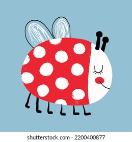 Cute Ladybird on a Pastel Blue Background. Lovely Nursery Vector Art with Childish Style Hand Drawn Ladybug ideal for Wall Art,  Card, Poster. Kids' Room Decoration. Cool Fat Ladybug.