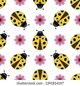 Cute ladybird seamless pattern. Yellow ladybirds, and purple flowers on isolated white background. For children fabric, backdrop, textile, texture, wallpaper etc. EPS-10 vector, printable CMYK colors.