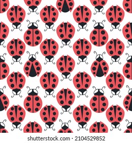 Cute ladybird seamless vector pattern background. Three different types of black red ladybugs with strawberries on white backdrop. Dense geometric repeat. Fun gender neutral design for kids and summer