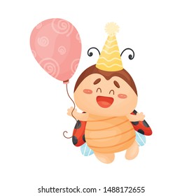 Cute ladybug with a balloon. Vector illustration on a white background.