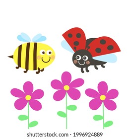 A cute ladybug and a bee are flying over the flowers. Kawaii insects friendship.