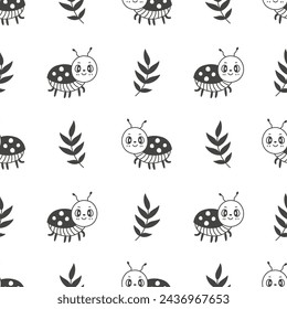 Cute Ladybug and branch seamless pattern in doodle style. Happy ladybird insect background with black and white colors. Repeat vector illustration for kids garden summer spring decoration