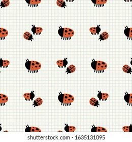 Cute ladybug bug group seamless vector pattern. Hand drawn red spotted wildlife insect on striped background. Critter entomology home decor. Naive, ecology, ladybird all over print. 