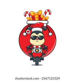 Cute ladybug carrying bag of presents with motorcycle in Christmas day. 
Cartoon vector illustration in Christmas day.