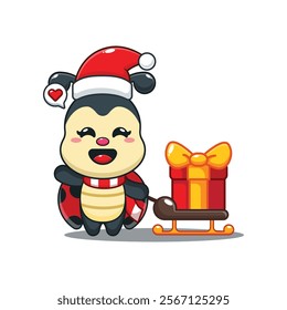 Cute ladybug carrying christmas gift box cartoon vector illustration. 
Cartoon vector illustration in Christmas day.