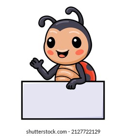 Cute ladybug cartoon with blank sign and waving hand