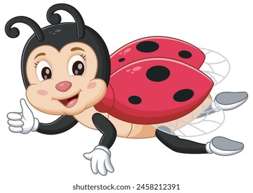 Cute Ladybug Cartoon Flying Give a Thumb Up. Animal Nature Icon Concept Isolated Premium Vector. Vector Illustration