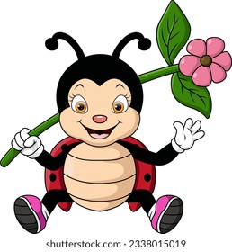 Cute ladybug cartoon holding flower