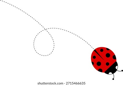 Lindo icono de dibujos animados de mariquita. colección de personajes de mariquita. Linda mariquita con camino punteado. Mariquitas volando en ruta punteada. Grupo de insectos. Ilustración vectorial aislada en blanco.