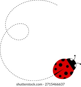 Lindo icono de dibujos animados de mariquita. colección de personajes de mariquita. Linda mariquita con camino punteado. Mariquitas volando en ruta punteada. Grupo de insectos. Ilustración vectorial aislada en blanco.