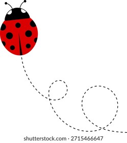 Lindo icono de dibujos animados de mariquita. colección de personajes de mariquita. Linda mariquita con camino punteado. Mariquitas volando en ruta punteada. Grupo de insectos. Ilustración vectorial aislada en blanco.