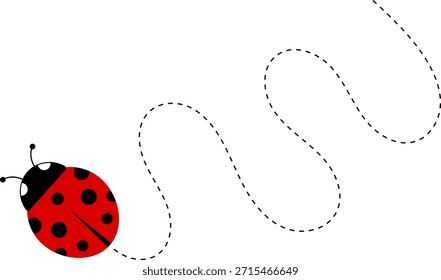 Lindo icono de dibujos animados de mariquita. colección de personajes de mariquita. Linda mariquita con camino punteado. Mariquitas volando en ruta punteada. Grupo de insectos. Ilustración vectorial aislada en blanco.