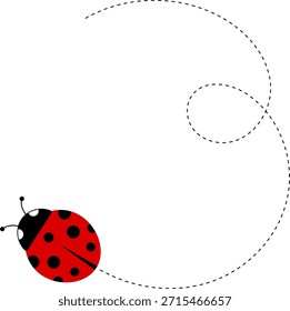 Lindo icono de dibujos animados de mariquita. colección de personajes de mariquita. Linda mariquita con camino punteado. Mariquitas volando en ruta punteada. Grupo de insectos. Ilustración vectorial aislada en blanco.