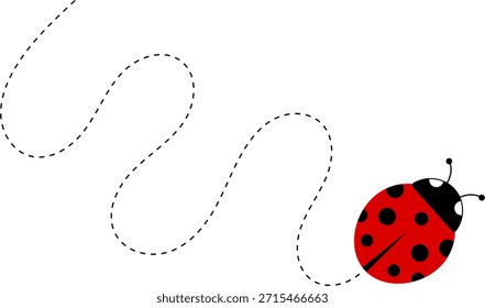 Lindo icono de dibujos animados de mariquita. colección de personajes de mariquita. Linda mariquita con camino punteado. Mariquitas volando en ruta punteada. Grupo de insectos. Ilustración vectorial aislada en blanco.