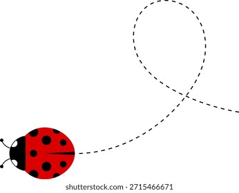 Lindo icono de dibujos animados de mariquita. colección de personajes de mariquita. Linda mariquita con camino punteado. Mariquitas volando en ruta punteada. Grupo de insectos. Ilustración vectorial aislada en blanco.