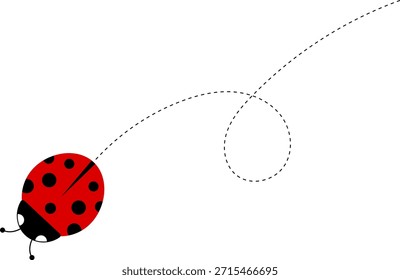 Lindo icono de dibujos animados de mariquita. colección de personajes de mariquita. Linda mariquita con camino punteado. Mariquitas volando en ruta punteada. Grupo de insectos. Ilustración vectorial aislada en blanco.