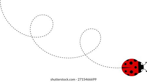 Lindo icono de dibujos animados de mariquita. colección de personajes de mariquita. Linda mariquita con camino punteado. Mariquitas volando en ruta punteada. Grupo de insectos. Ilustración vectorial aislada en blanco.
