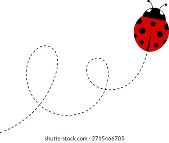 Lindo icono de dibujos animados de mariquita. colección de personajes de mariquita. Linda mariquita con camino punteado. Mariquitas volando en ruta punteada. Grupo de insectos. Ilustración vectorial aislada en blanco.