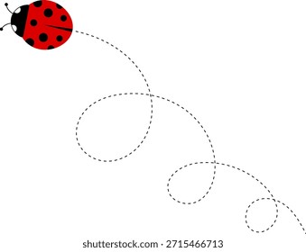 Lindo icono de dibujos animados de mariquita. colección de personajes de mariquita. Linda mariquita con camino punteado. Mariquitas volando en ruta punteada. Grupo de insectos. Ilustración vectorial aislada en blanco.