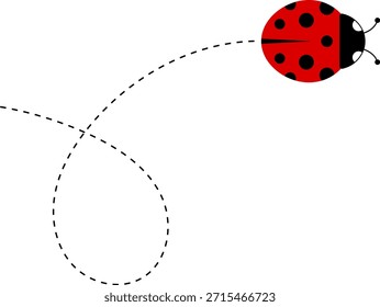 Lindo icono de dibujos animados de mariquita. colección de personajes de mariquita. Linda mariquita con camino punteado. Mariquitas volando en ruta punteada. Grupo de insectos. Ilustración vectorial aislada en blanco.