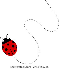 Lindo icono de dibujos animados de mariquita. colección de personajes de mariquita. Linda mariquita con camino punteado. Mariquitas volando en ruta punteada. Grupo de insectos. Ilustración vectorial aislada en blanco.